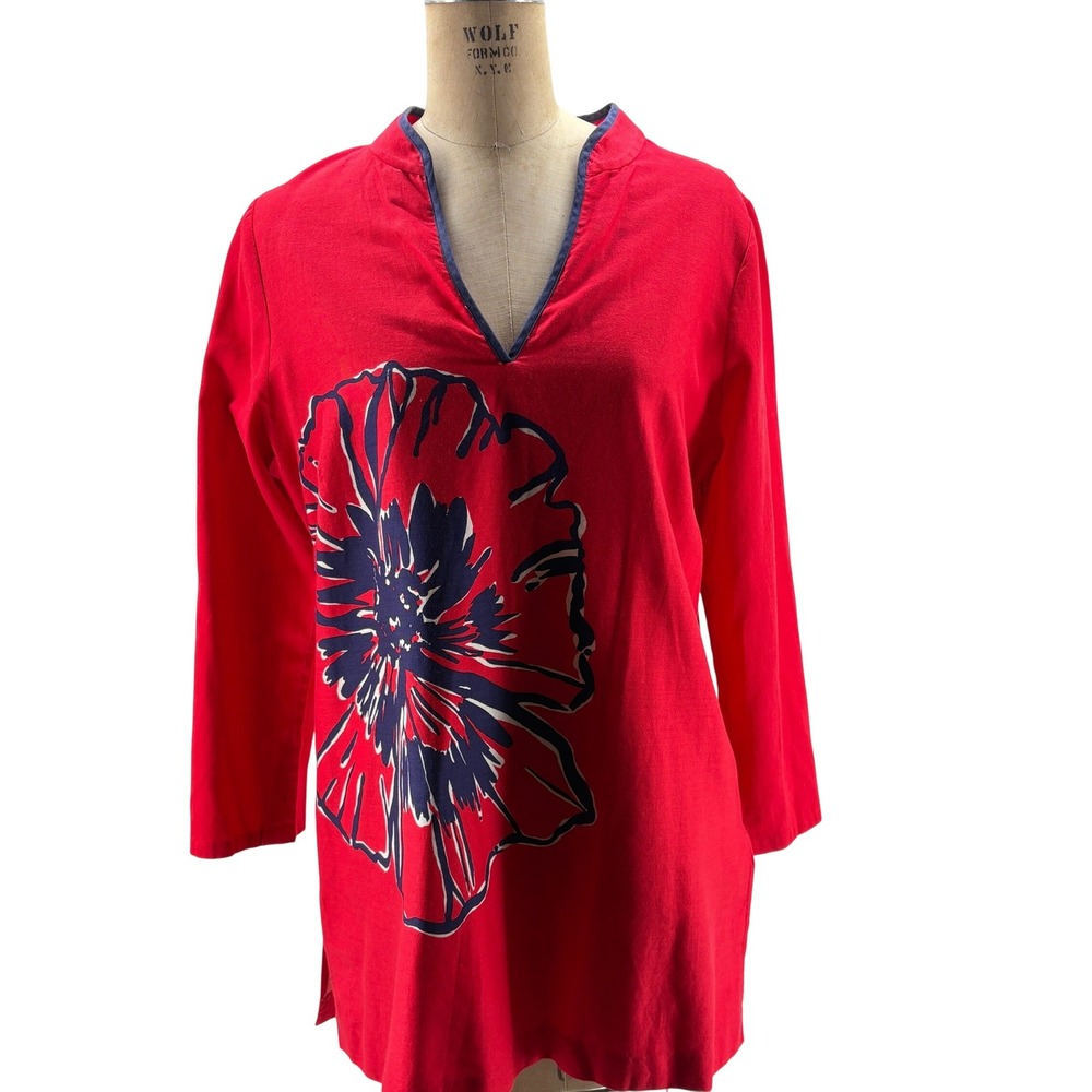 Lilly Pulitzer Red Cotton Floral Poppy Graphic Tunic Top Long Sleeve L Coastal